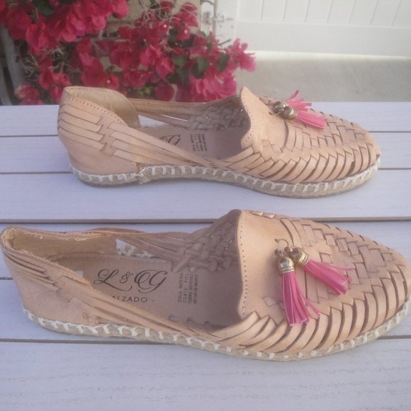 Leather Huarache Style Shoes--Espadrille heels--2 pink leather tassels Size 5 - Picture 2 of 7